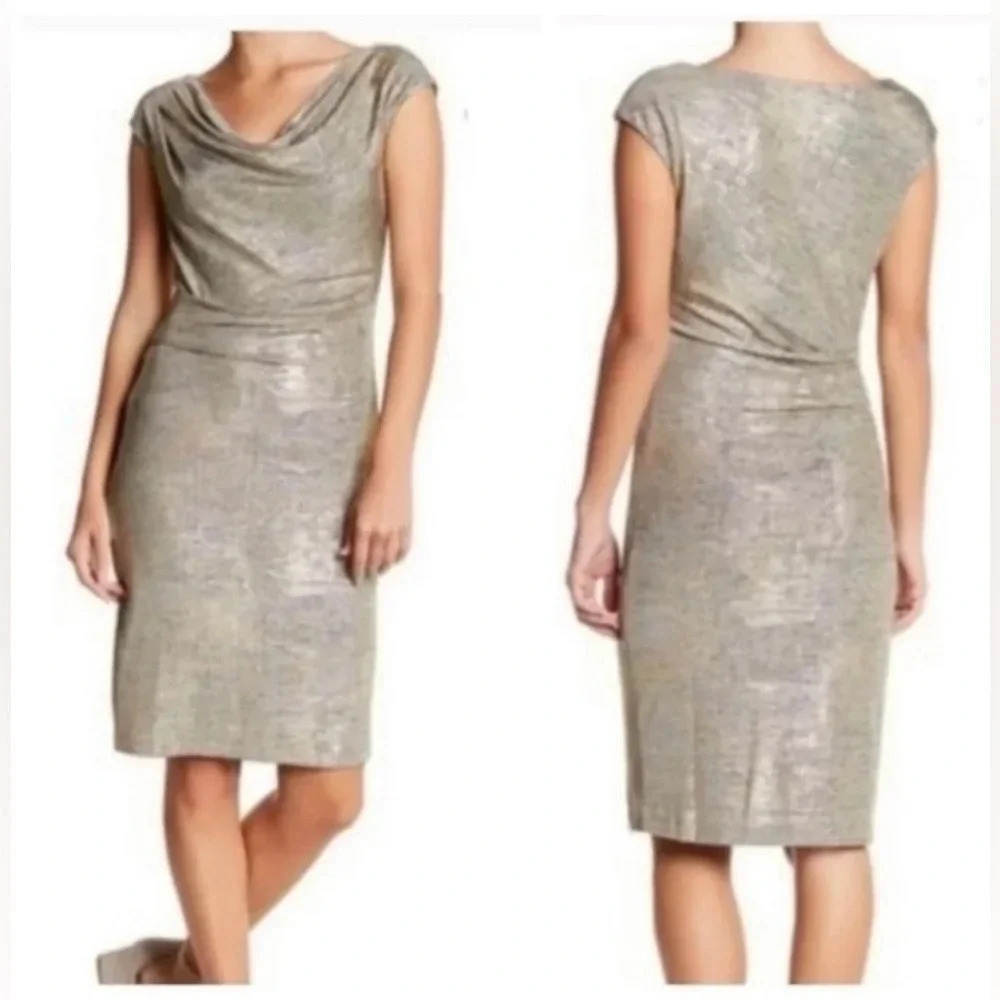 Vince Camuto Women’s Gold Metallic Cowl Neck Drape Party Dress NWT Size 4